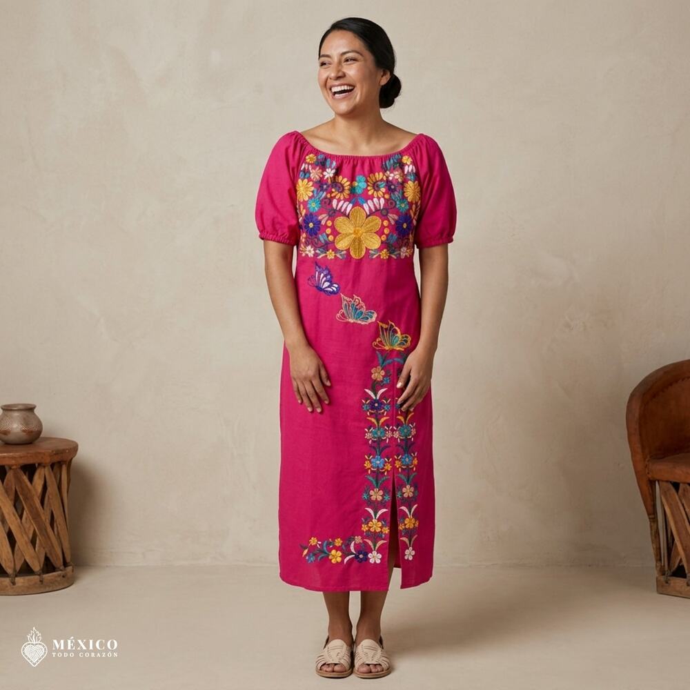 Mexican Embroidered Manta Maxi Dress – Handmade Cotton Floral Artisan Gown (M)